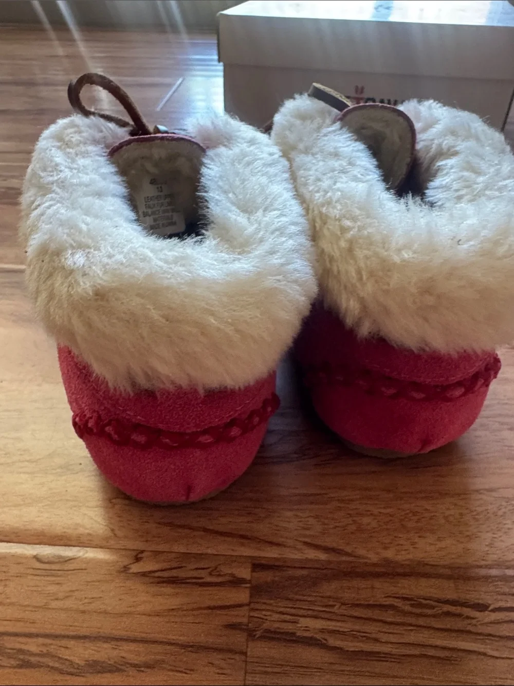Minnetonka Pink Suede Moccasins with Cream Faux Fur Trim for Kids